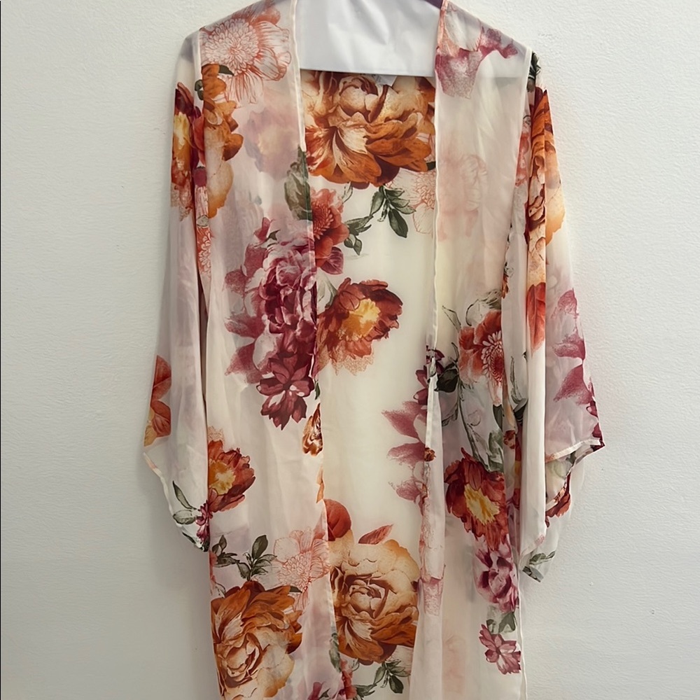 Floral Kimono with Orange and Pink Blooms